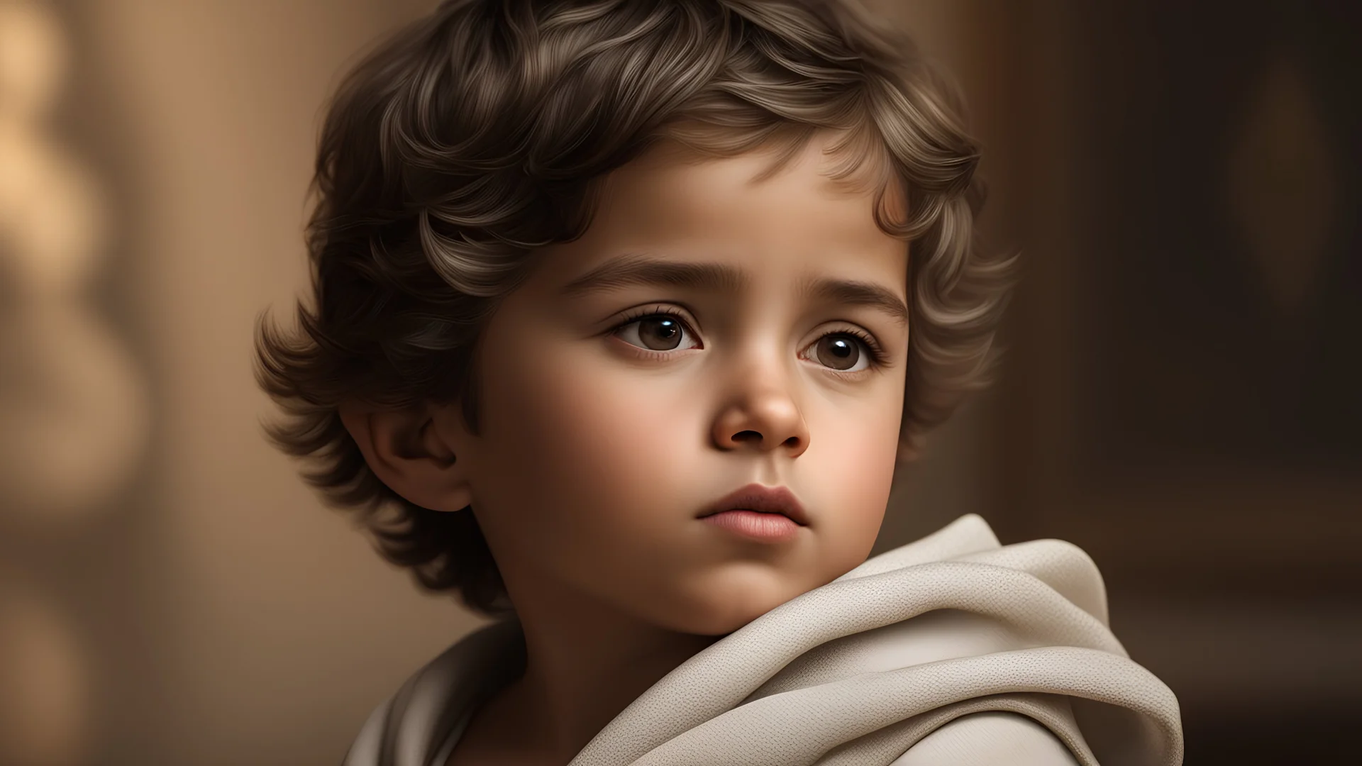 Thoughtful calm 3-year-old boy, confident, peaceful, aware, intelligent, showing his head and upper body, Arabic, perfect eyes, perfect anatomy, exquisite composition, beautiful detailed intricate detailed octane render, 8k artistic photography, photorealistic, soft natural volumetric cinematic perfect light, chiaroscuro, award-winning photograph, masterpiece, raphael, caravaggio, bouguereau