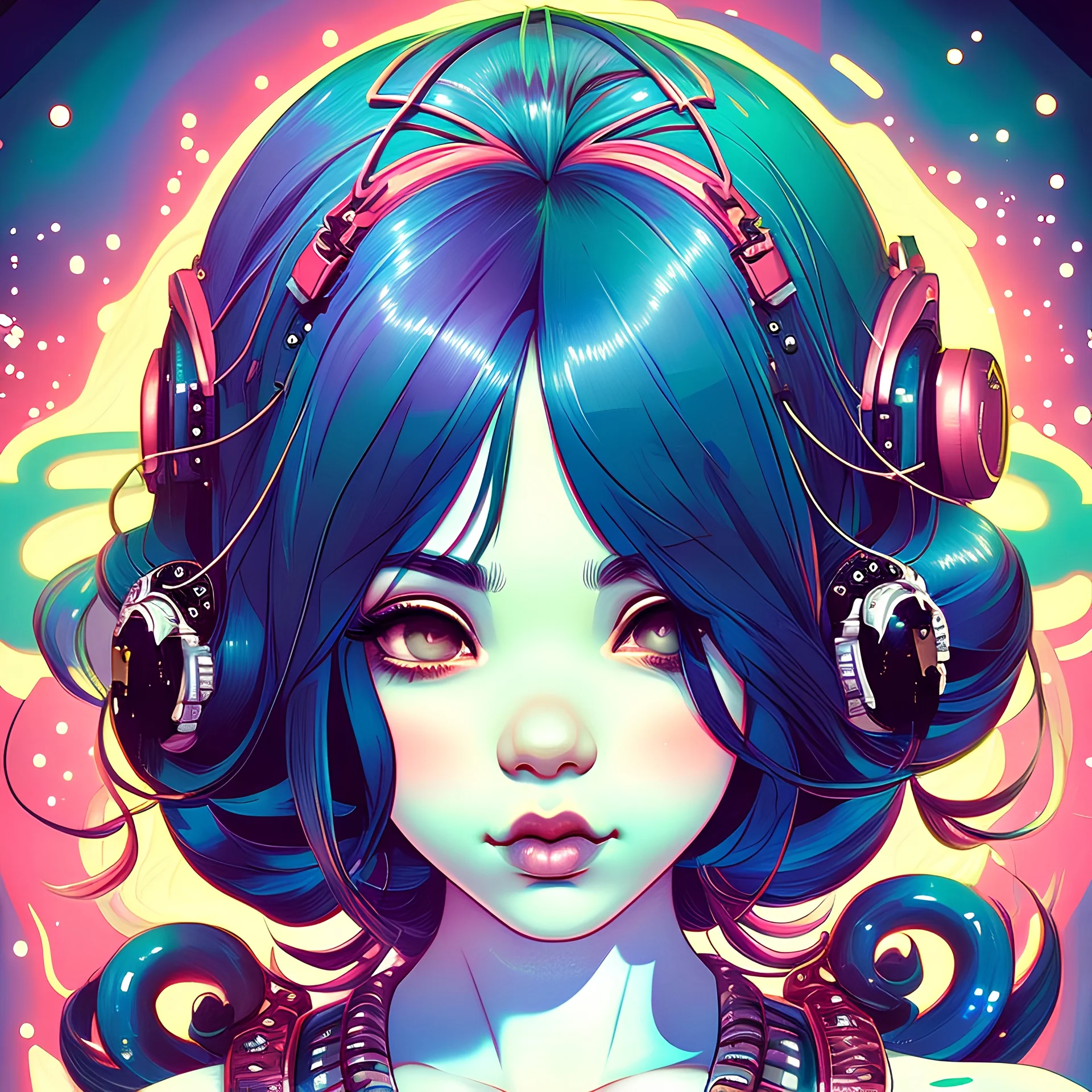 Singer Melanie Martinez face, beautiful cyberpunk huge girl, hyperdetailed, illustration by Katsushika Hokusai, darkblue tones,