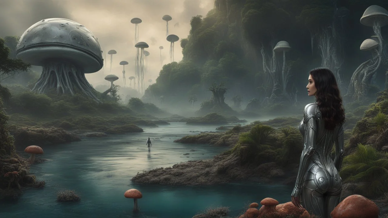 detailed matte painting of a wide-angle shot of a woman standing on the right-hand side of an alien beach, with dark hair in a silver robotic catsuit, many floating mushroom with jellyfish tentacles, alien jungle trees in the distance, deep colour