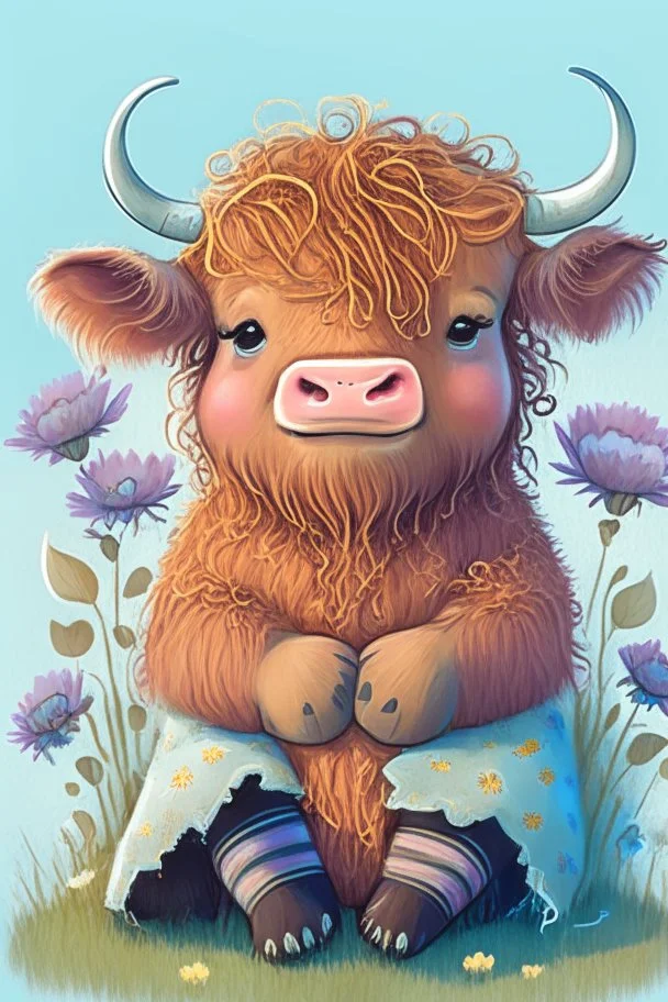 dorable cute happy baby scottish highland cow with dreamy eyes, sitting down and holding a flower, nursery art, very rendered polished Perfect, smooth edges, flawless Facial Features, Stunning, Whimsical Fantasy, Cute, Highly Detailed, Well Rendered, cartoon, illustration