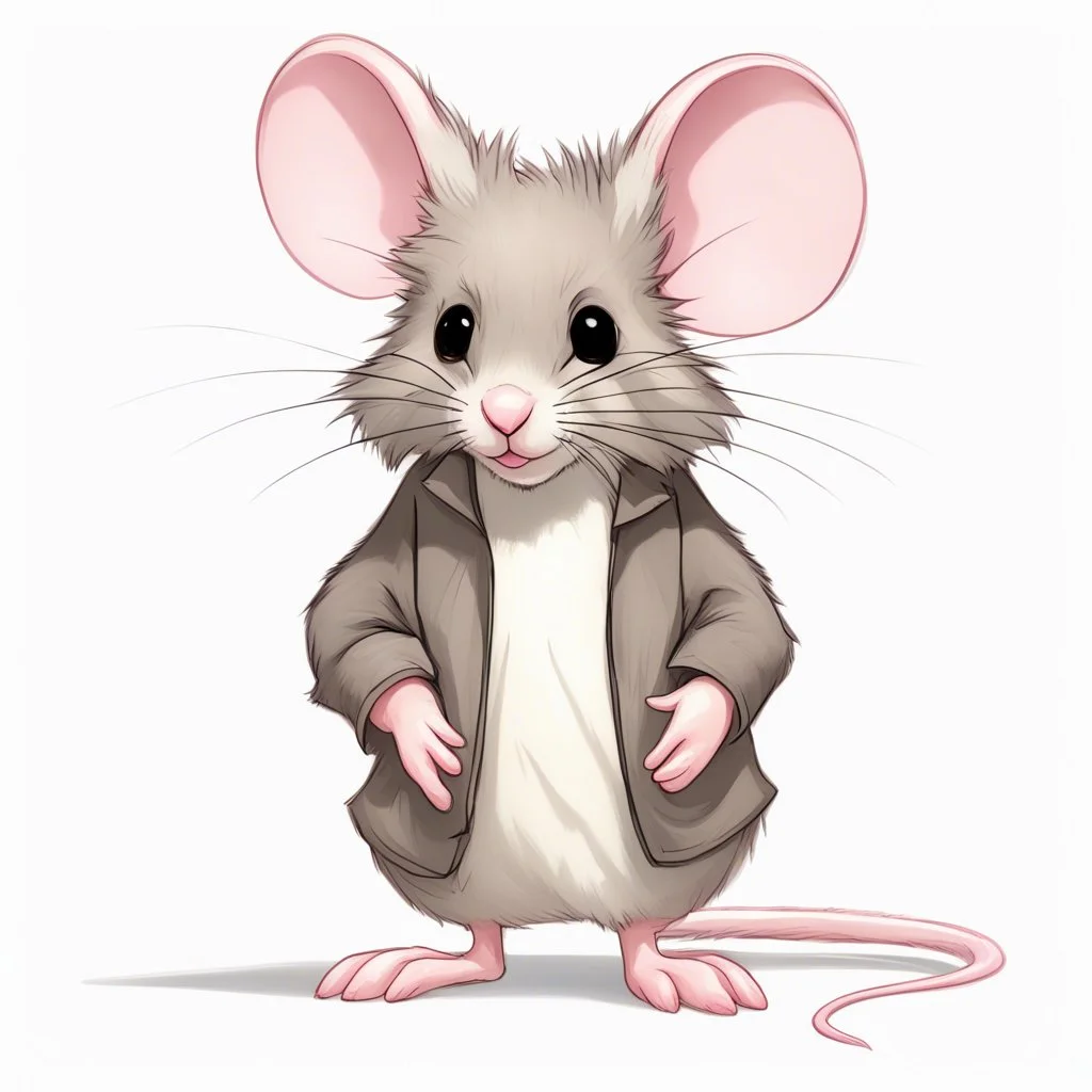 A small, fluffy mouse with prominent whiskers and large, round ears stands on its pink-tipped feet. Its fur is grayish-brown, black, and white, with a light brown center and transitioning dark edges. By EWS. The mouse's expressive, dark black glossy eyes give it a soulful look, and its mouth is slightly open. It holds an off-white signboard with 'I need my coffee...' in black handwritten cursive and a stylized coffee cup illustration. The mouse's pink nose adds a pop of color to the image.