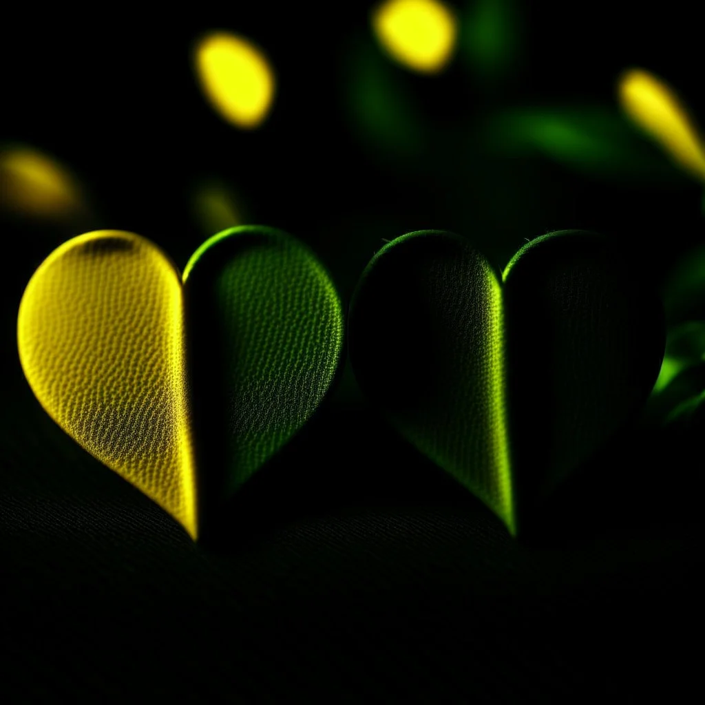 two hearts, dark green and yellow colours, romantic atmosphere