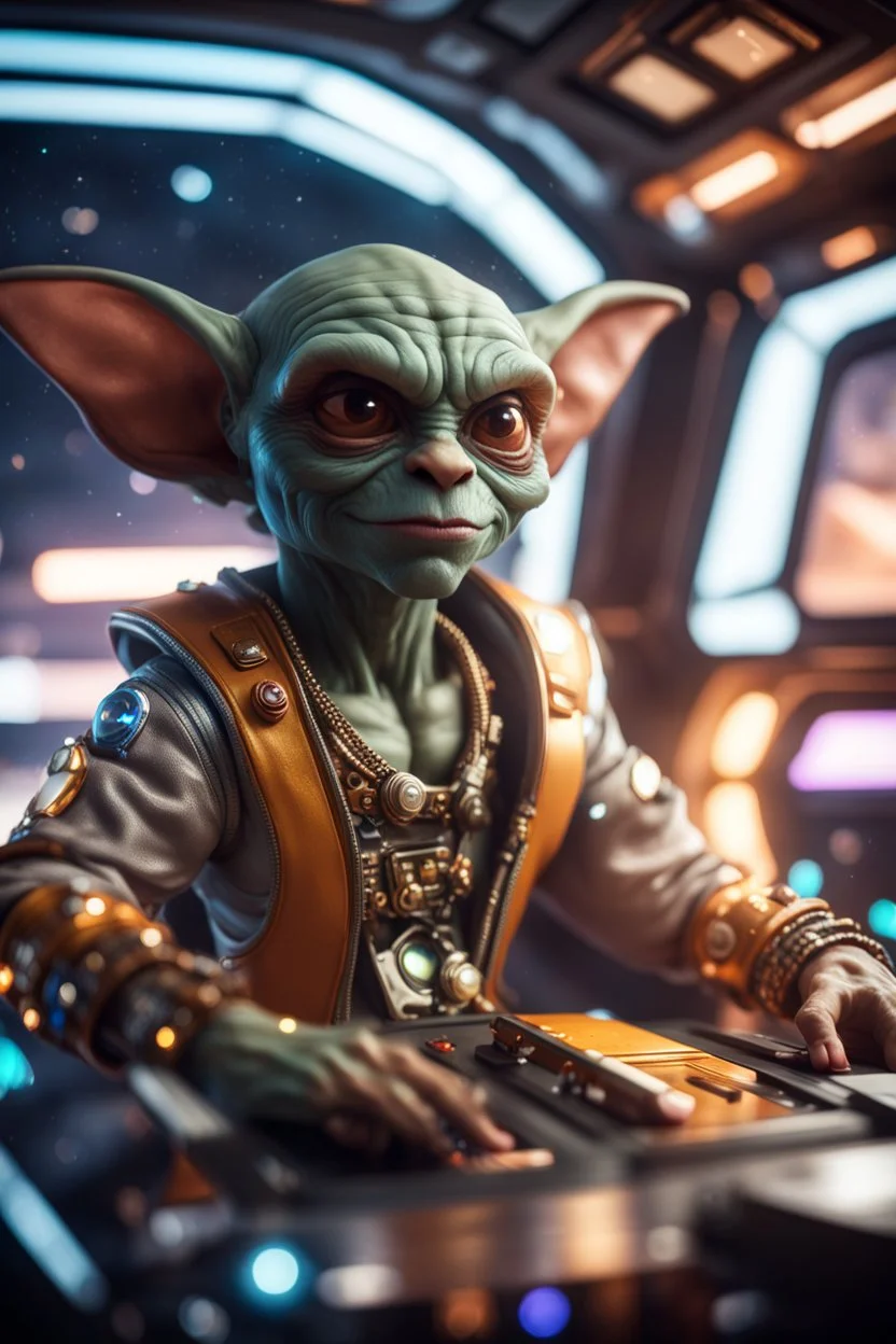 pen outline, really macho pimp gremlin dhalsim captain that go hard sitting in space station cockpit , in front of space portal dimensional glittering device, bokeh like f/0.8, tilt-shift lens 8k, high detail, smooth render, down-light, unreal engine, prize winning