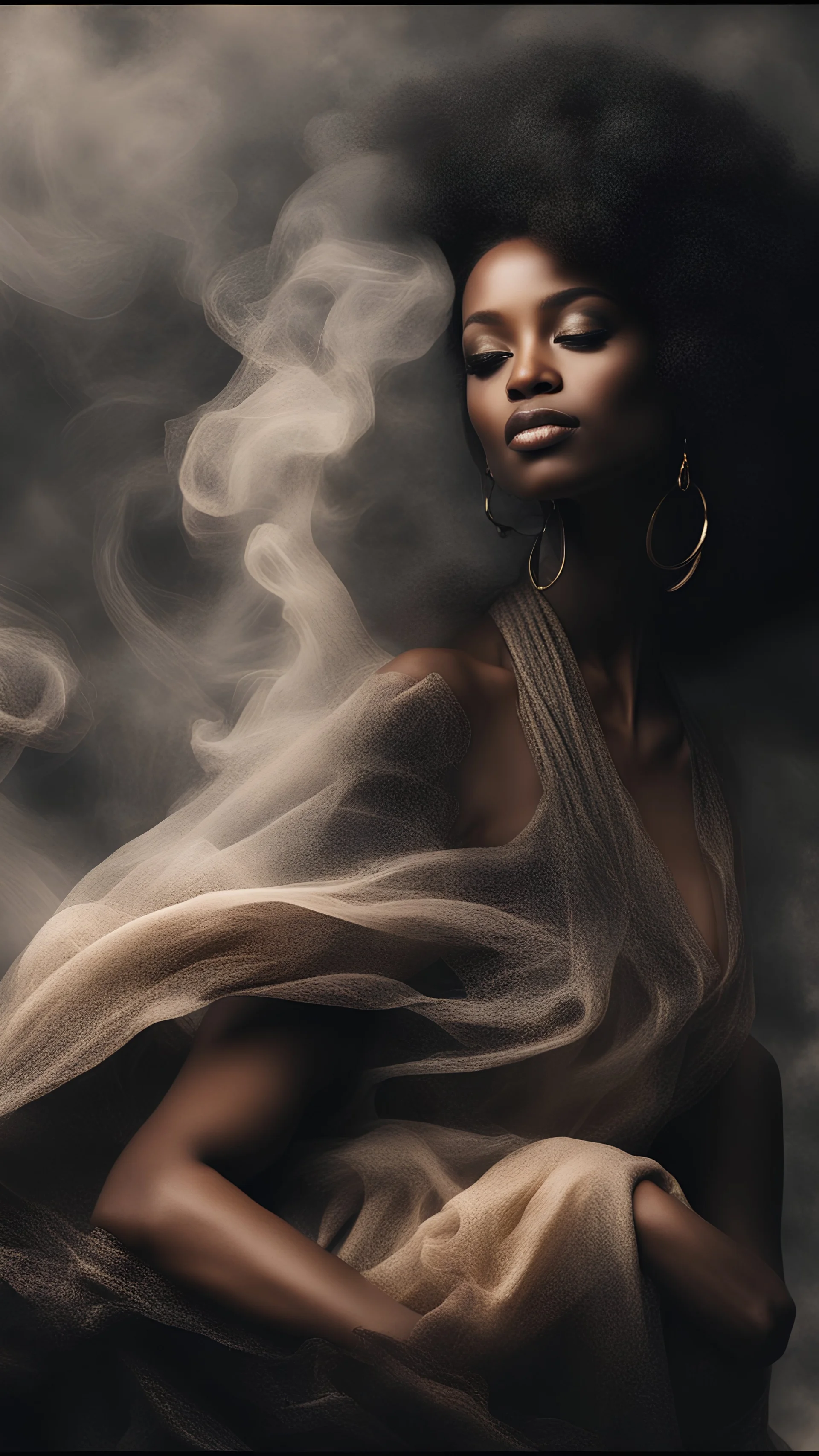 beautiful black women in white Smokey ethereal, heavenly background