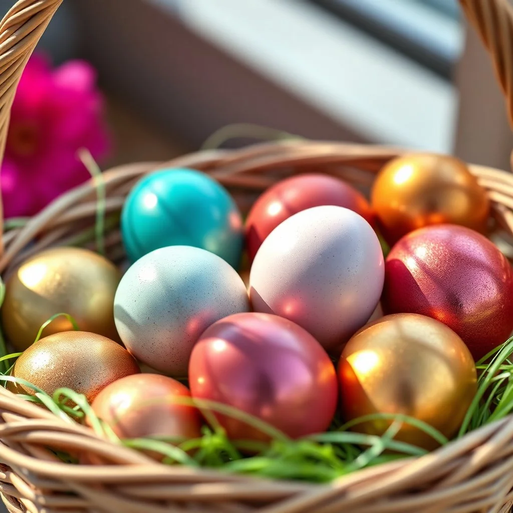 digital photograph of modern basket colorful Easter eggs. eggs display in azure, emerald, blush,red, crimson,gold, sapphire,metallic cinematic HDR backlighting highlights subtle dimples and glossy reflections, with shallow depth of field softening the sunlit background. hyperrealistic 8k resolution,
