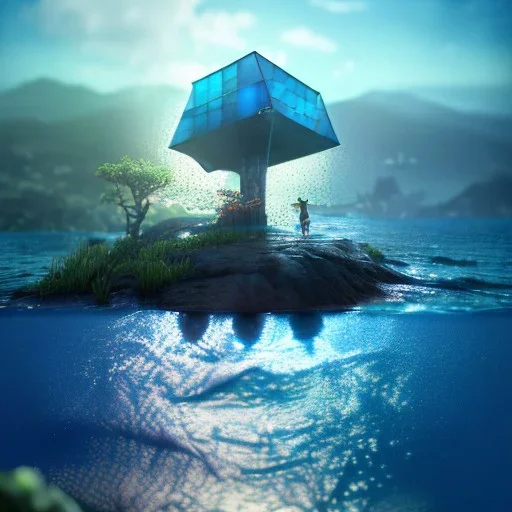 The Isometric Glass Tall Box Mini Model Little Real Island shape smooth Mixed Water Fall Under Ocean Sunshine Summer Background Blue Sea, The Last Of Us / Avatar, Octane Render / ZBrush, Cinematic, IMAX Film, Nikon D750, 16K, Autostereoscopy, Anthropomorphic, Golden Ratio, Geometry, Symmetric, Depth Of Field, Highly Detailed, Ultra Realistic, Beautiful Lighting, Halfrear Lighting, Soft Light, Candoluminescence, Cast Shadow, Reflective, Glow, Translucent, Normal Map, Carbonated --testp