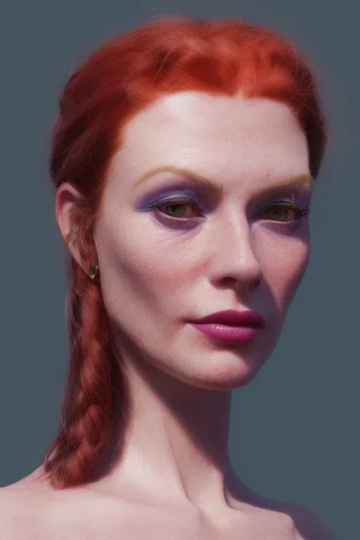 Woman 60 anni, cute, beautiful, orange hair, two braids, wild bangs, blue eyes, big eyes, freckles, long eyelashes, pink lipstick, thin lips, small nose, Gillian from Practical Magic, 8k resolution concept art portrait by Greg Rutkowski