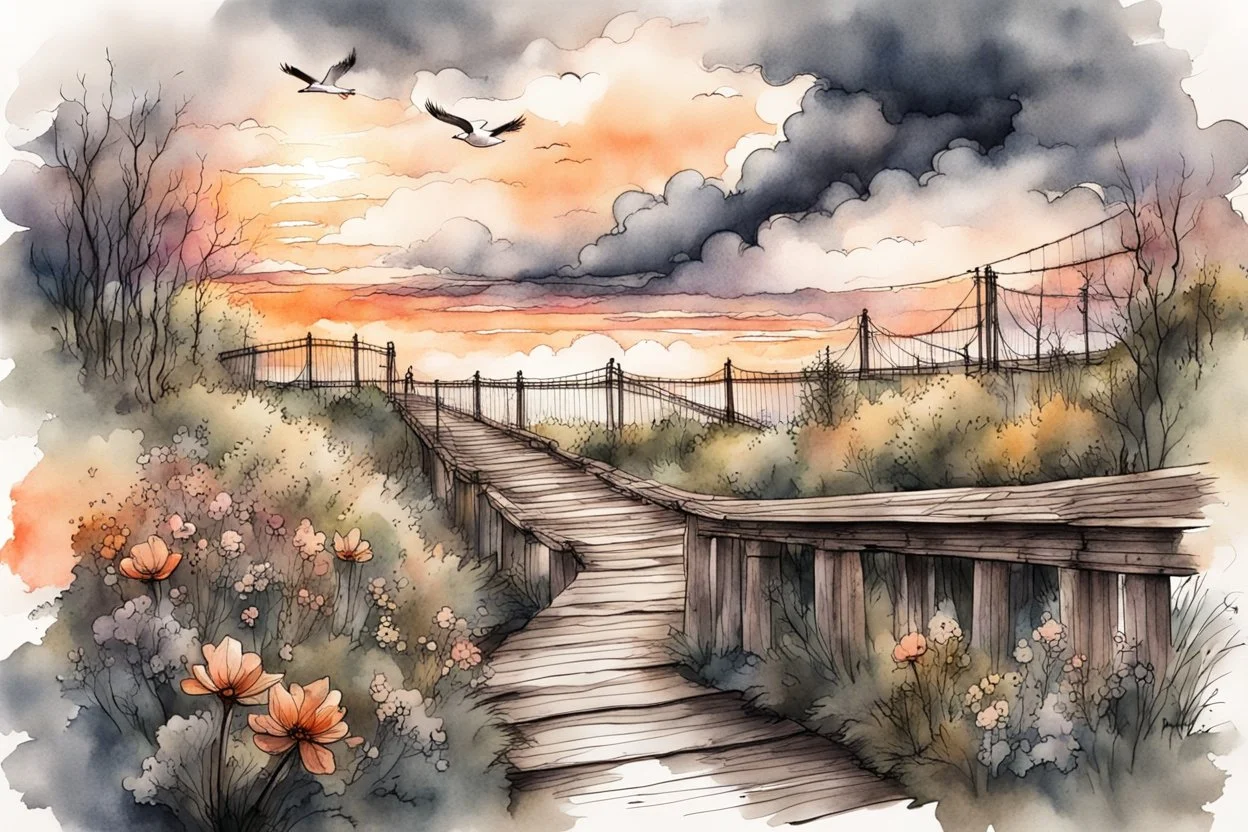 Urban sketch of a beautiful forest in ink and watercolor, storm clouds, full sunset, flowers, kurved path, old wood bridge, gull Modifiers: beautiful award winning