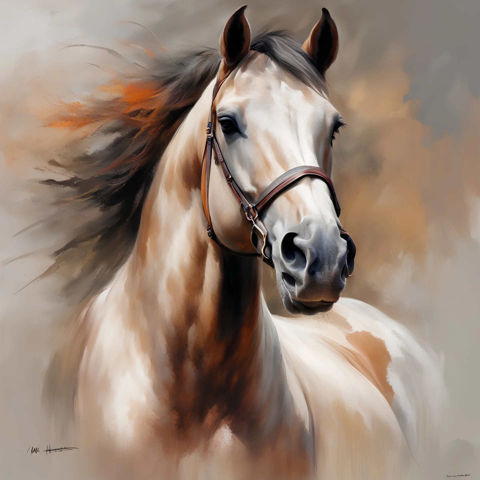 ((best quality)), ((masterpiece)), ((realistic,digital art)), (hyper detailed), Willem Haenraets style portrait of an Horse head, rule of thirds, painted by Willem Haenraets, vivid coloring