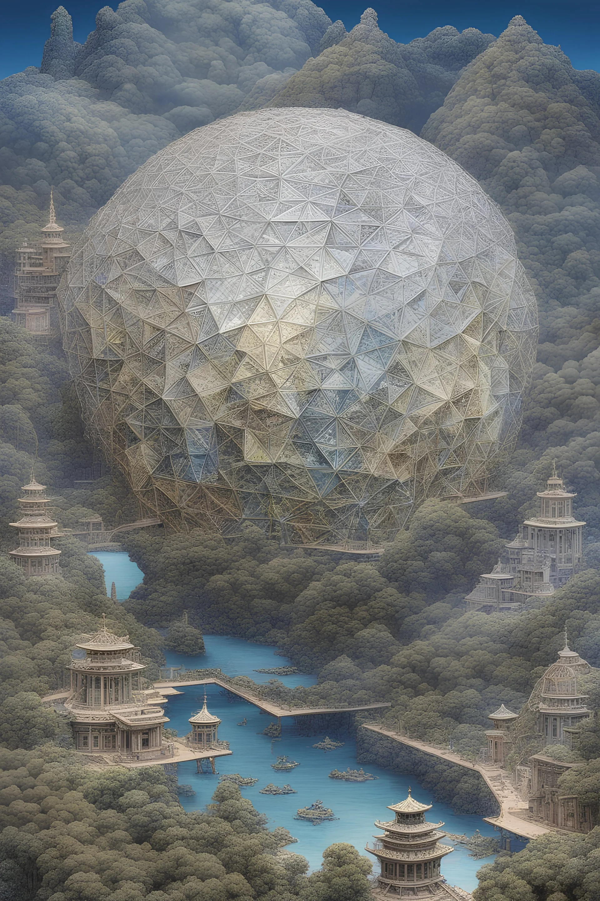 Paul Pfinzing von Henfenfeld, katsuhiro Otomo, Surreal, mysterious, bizarre, fantastical, fantasy, Sci-fi, Japanese anime, wirework geometric solids, crystal structures, spirals, labyrinths, sponges, globes, Kepler's polyhedron, Poinsot's polyhedron, polyhedron development, Dürer's polyhedron, Albers box, two-stage string-wound cube, detailed masterpiece