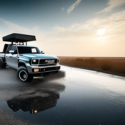 photorealistic shot, Toy R C truck, monotone color palette, sharp focus, puddle reflection, tire water splash, refraction, mist on the horizon, shadowcast, detailed and intricate, cinematic composition