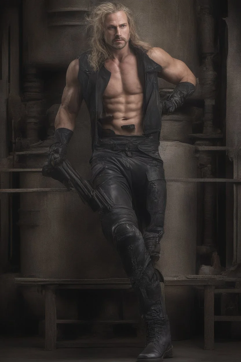 ProtoVision - Absolute Reality - Realism Engine XL - PhotoReal, a man, 6'7.5'' tall, 310 lbs, blonde hair, long, extremely muscular, skintight, formfitting jumpsuit, knee-high black leather combat boots, red diamond on the chest