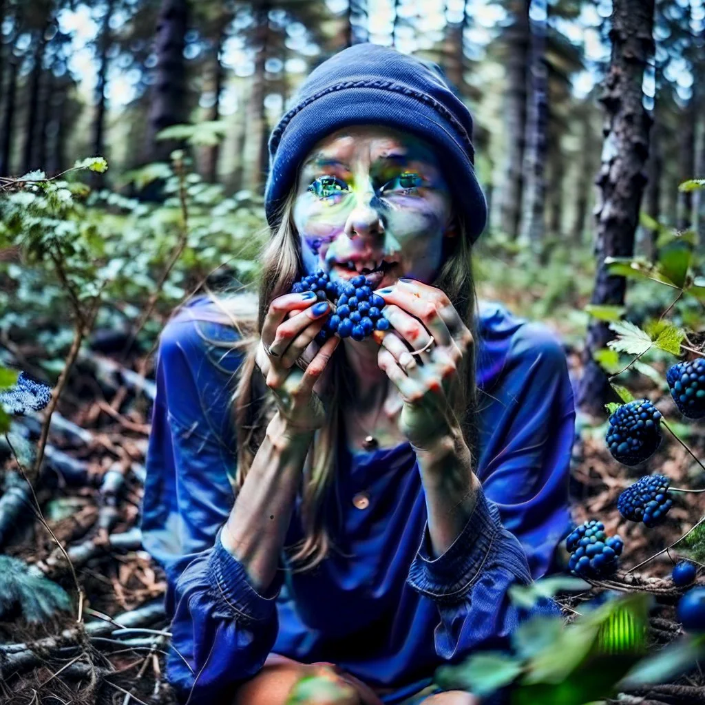 woman in the forest picking and eating blueberries and her mouth and hands are covered with blueberries, woman is stylish