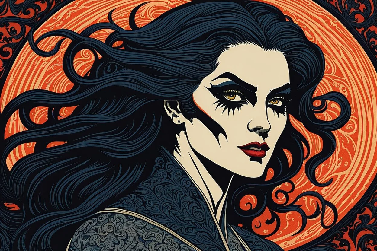 museum quality color woodcut of an enigmatic Malkavian female vampire with highly detailed hair and facial features , in the style of Gustave Baumann, with a fine art , graphic novel aesthetic, highly detailed, finely cut ,8k render,