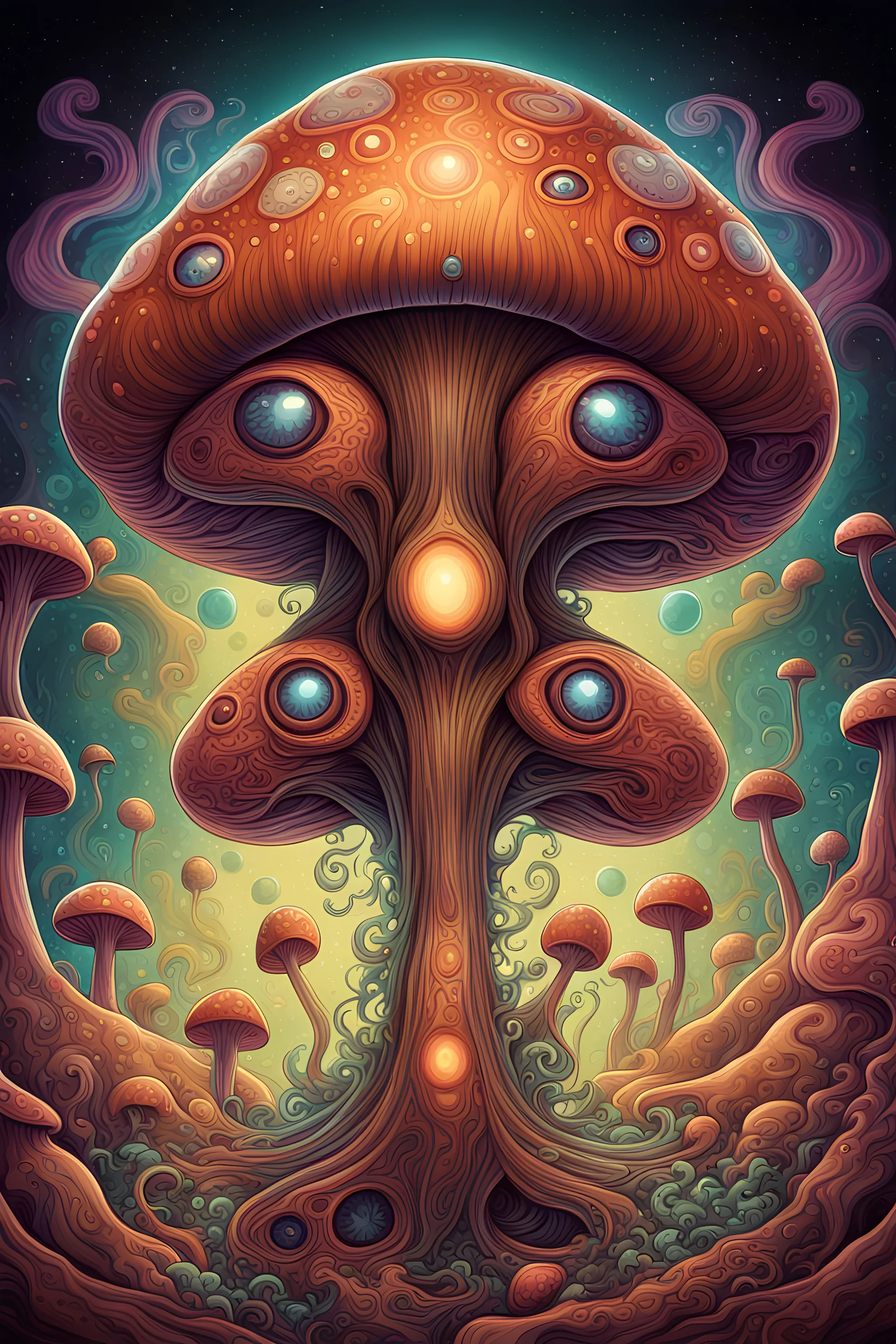 Psychedelic exotic brown alien creature that resembles mushroom shape, with eyes and a mouth, alien creature character illustration, Z brush, highly detailed, anime style, vibrant non-natural colors, earth tones, trippy artwork, surreal landscape with wavy kaleidoscopic patterns, retro drawing style, curvaceous shapes inspired by Art Nouveau, fantasy, day-glo, 90s airbrush cartoonist style, Camilla d'errico , retro futuristic