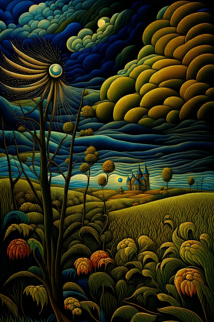 Moonlight patchwork in the style of Raymond Briggs, Laurel Burch, Randolph Caldecott, Picasso. extremely detailed fantasy oil on canvas very attractive imperial colors fantastic view 4K 3D VRay focused Surrealism Tesselated