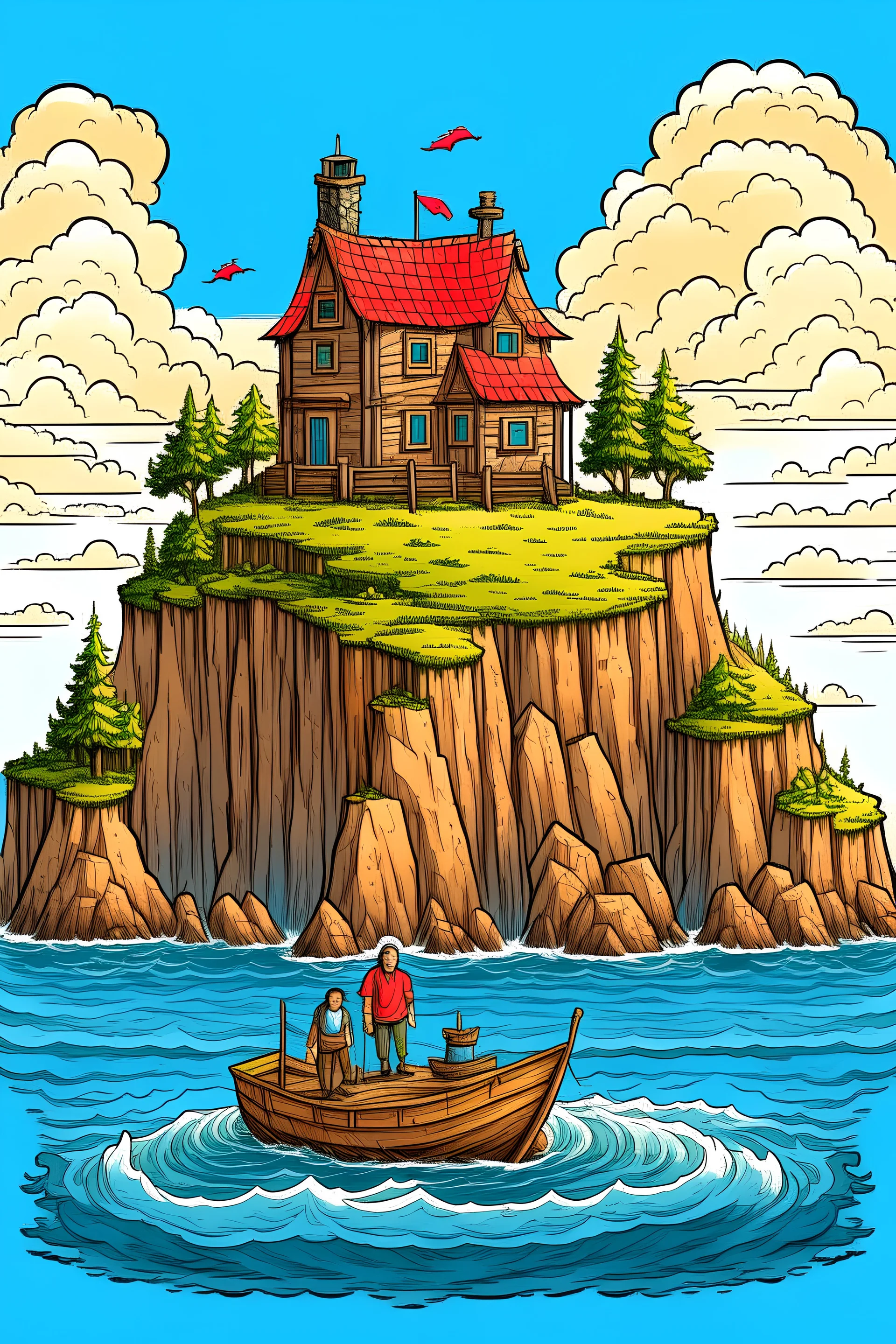 A picture of a mountain man, a cottage, an island in the sea.