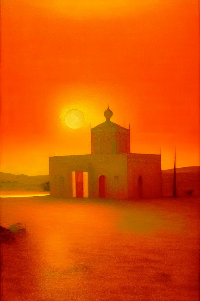 A yellow shining light casino in a desert painted by Georges Seurat