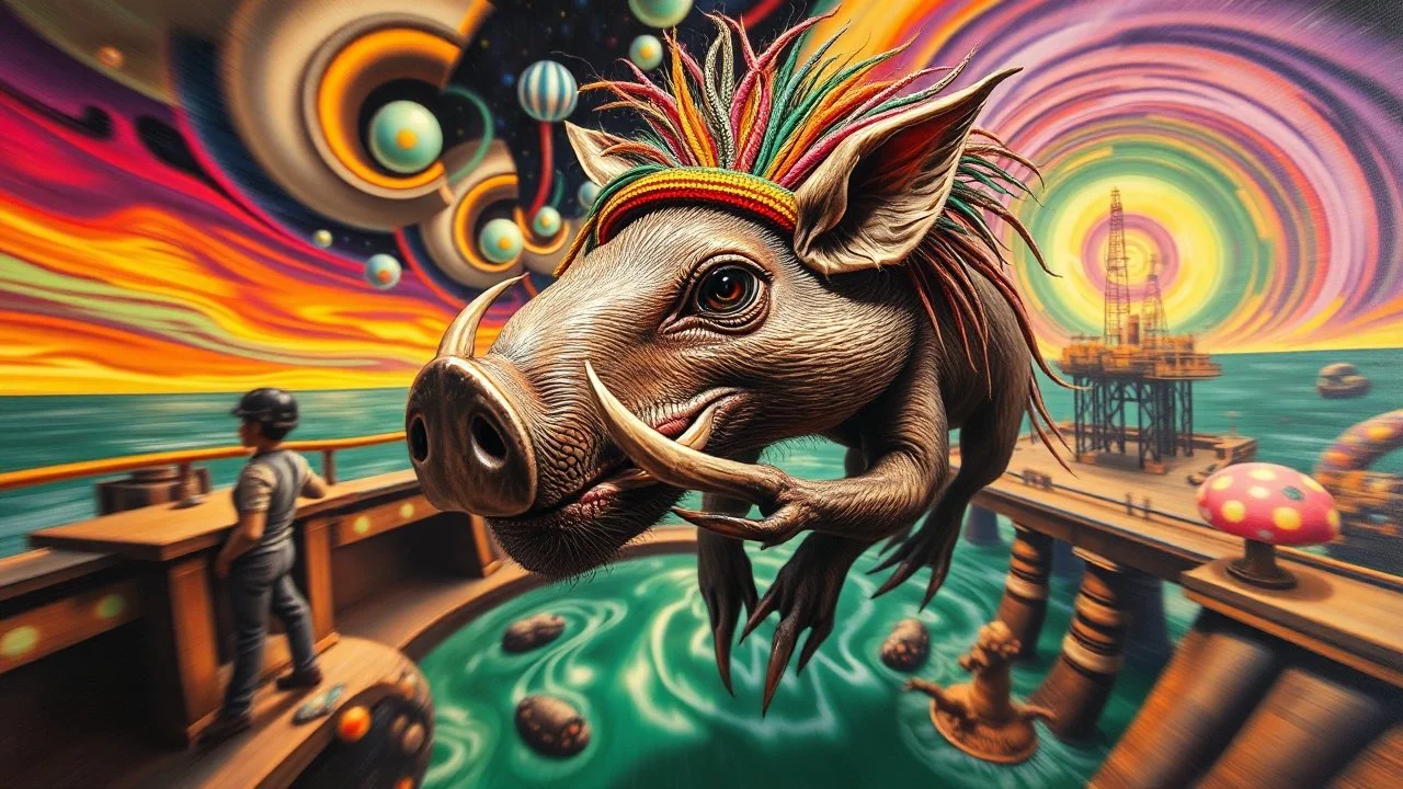 master oil painting by Dali and Escher, roller coaster hypno psycho shiny slimy dented alien boar gremlin with rasta wig breast feeding with some bad ass power off shore oil platform cyber punk people experiencing gravity at its worst, pin hole cam, twisted perspective, goa trance music poster, awake within a psychedelic mushroom dream, with some motion blur background, and hyper depth perception layout