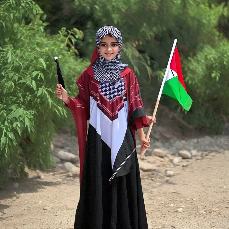 A very beautiful girl carrying a large Palestinian flag in her hands and waving it while wearing a keffiyeh and an embroidered Palestinian dress.