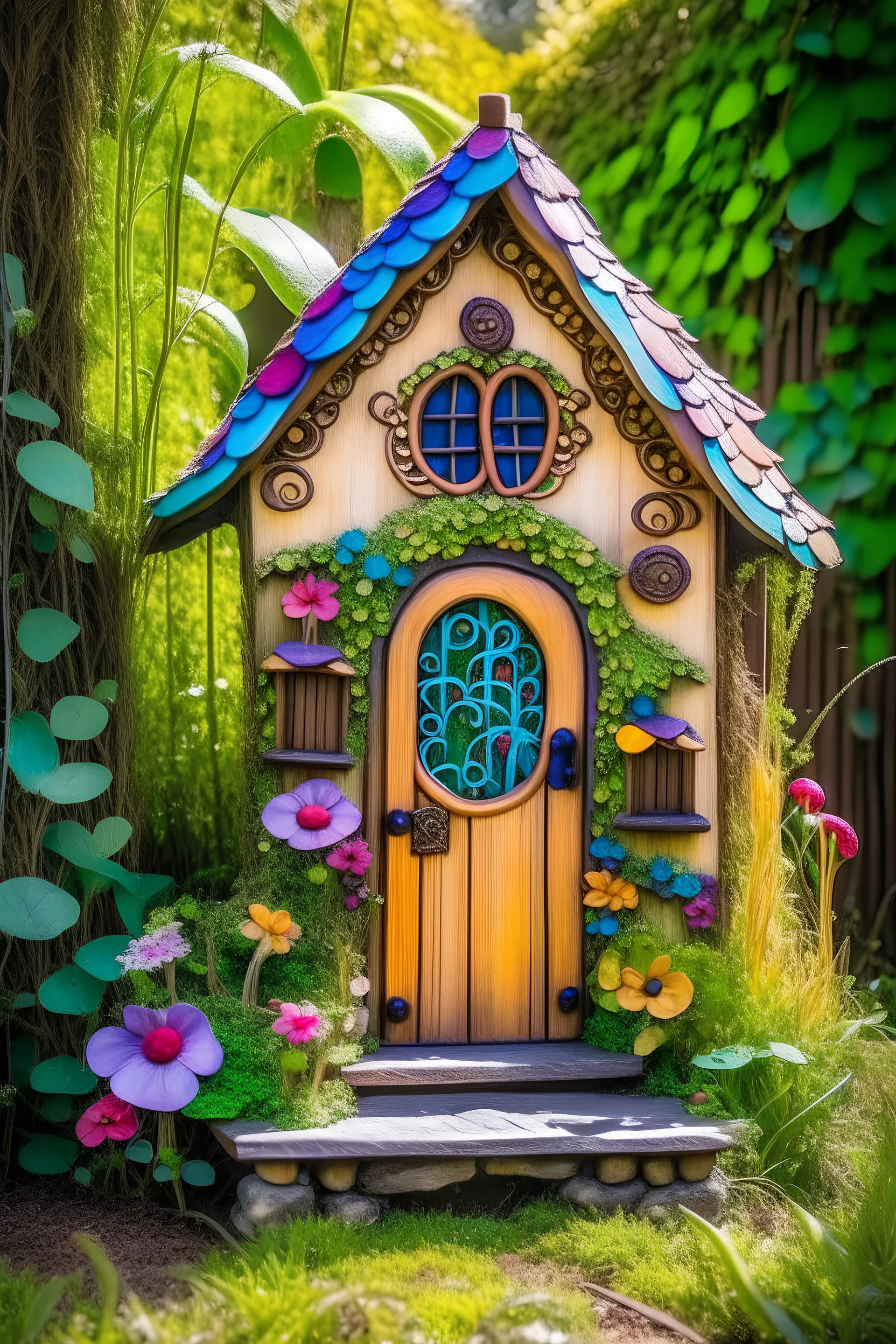 A whimsical fairy house with a door nestled within a vibrant garden, featuring winding vines and blooming flowers.