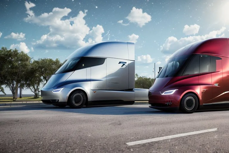 A Tesla 'Semi' (semi truck) is parked, in the 'Kennedy Space Center' in Florida. (CINEMATIC, WIDE ANGLE LENS, PHOTO REAL)