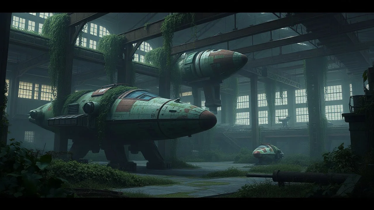 Dystopian concept art, abandoned factory with rusted spacecrafts, overgrown with vines and plants, moody lighting and atmosphere, by Simon Stålenhag and Sparth.