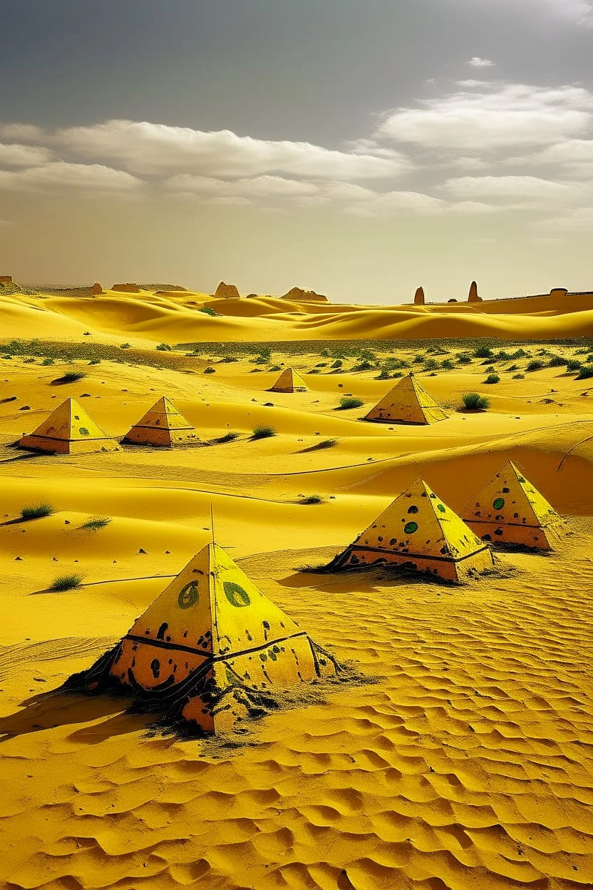 A golden yellow sandy desert with cactuses and pyramids designed in ancient Egyptian hieroglyphics painted by Andy Warhol