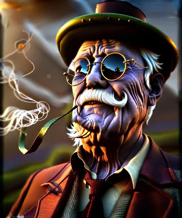 steampunk, cabaret scene. old man. Sunglasses, rain, smoking, happy, hot. people background, highly detailed, concept art, unreal engine 5, god rays, ray tracing, RTX, lumen lighting, ultra detail, volumetric lighting, 3d, finely drawn, high definition, high resolution.