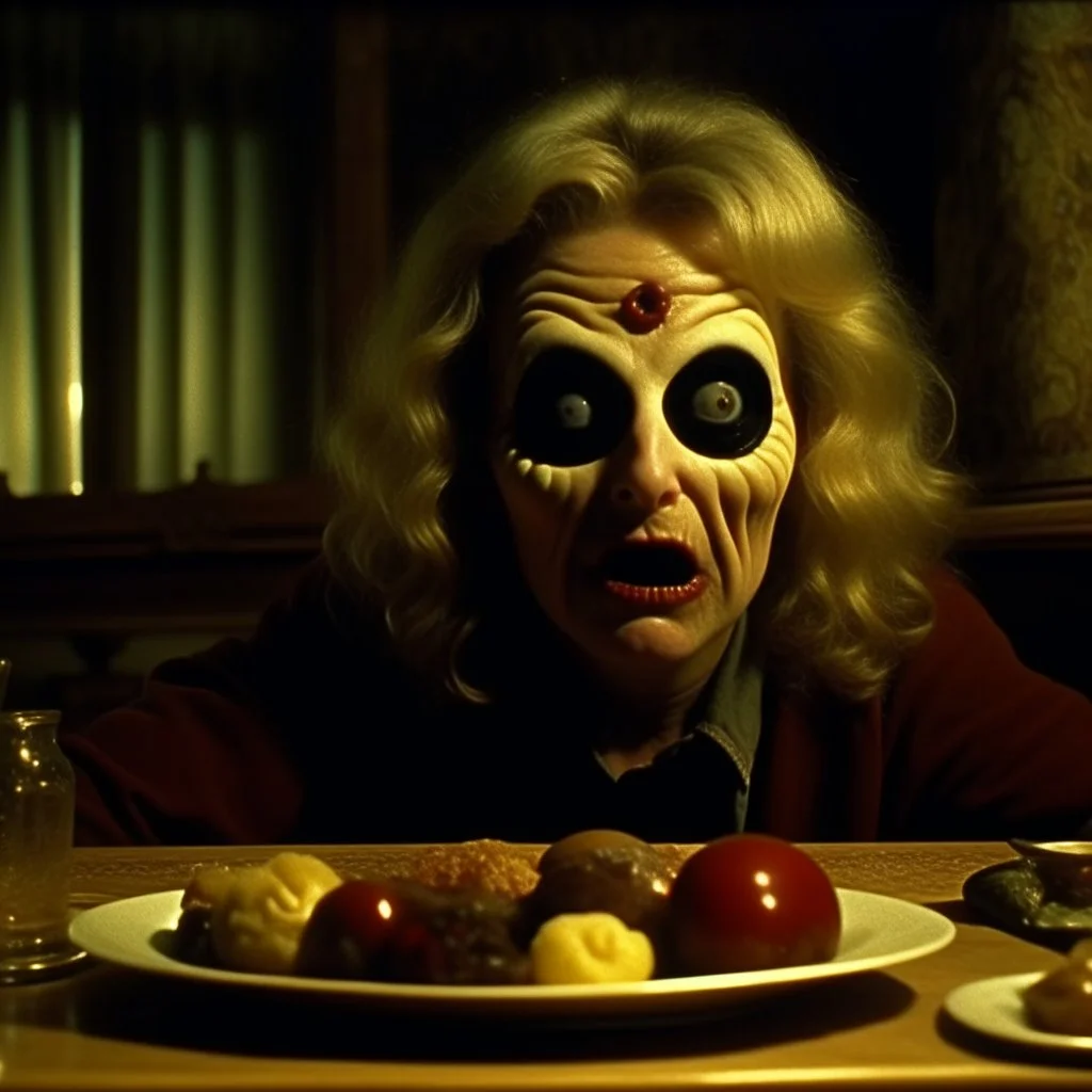 Spooky, ultra realistic distress, dining, ultra realistic hot woman, nose, giant eye on a table, organic hot bondes, dynamic, anguish, excited and lively scene, hypermaximalist figures, Creepy the Ring Alfred Hitchcock, Sam Raimi, insanely detailed, sinister, John Carpenter, Dario Argento, ornate