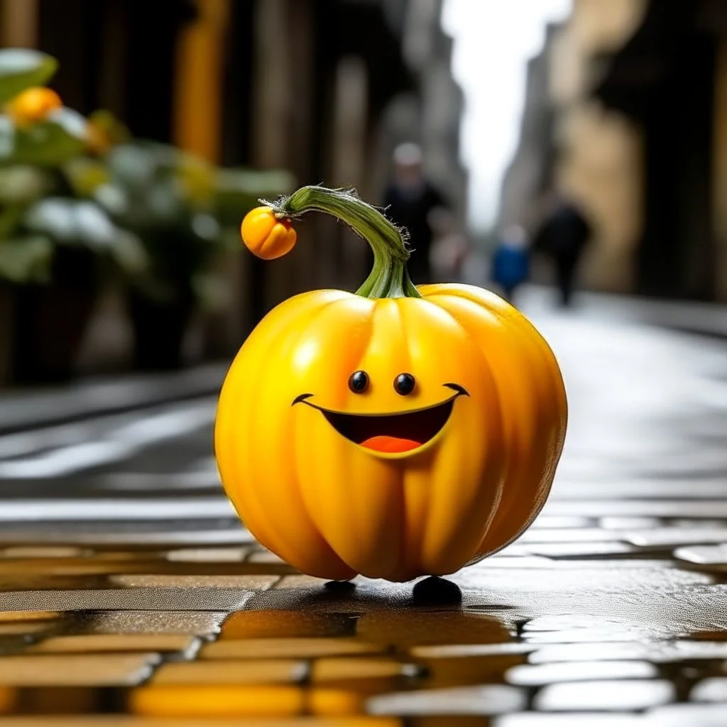 a yellow tomato is dancing in the street