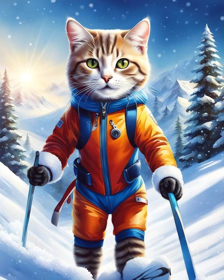 Hermosa Pintura coloreada de un gato antropomorfico con traje de esquiador, esquiando en la nieve, arte conceptual, calidad ultra, hiperdetallado,12k