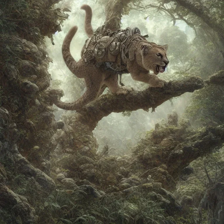 a highly detailed illustration of cougar in battle armor, blue and white, background of Inka jungle, realistic render, 8 k, micro detail, intricate, elegant, centered, digital painting, Artstation, smooth, sharp focus, illustration, artgerm, tomasz alen kopera, peter mohrbacher, donato giancola, joseph christian leyendecker, wlop, boris vallejo