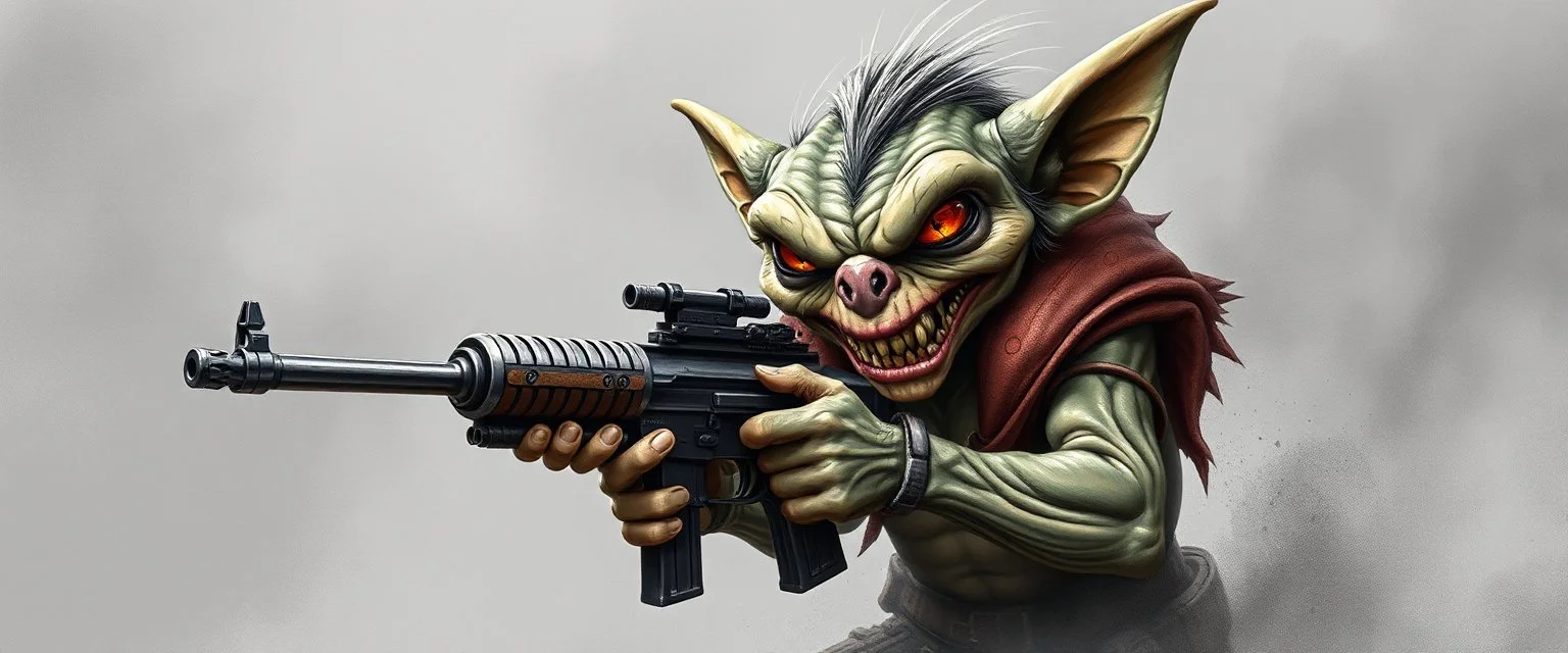 air brush 3d with pen outline, mongrel goblin gremlin holding uzi, charcoal fog border
