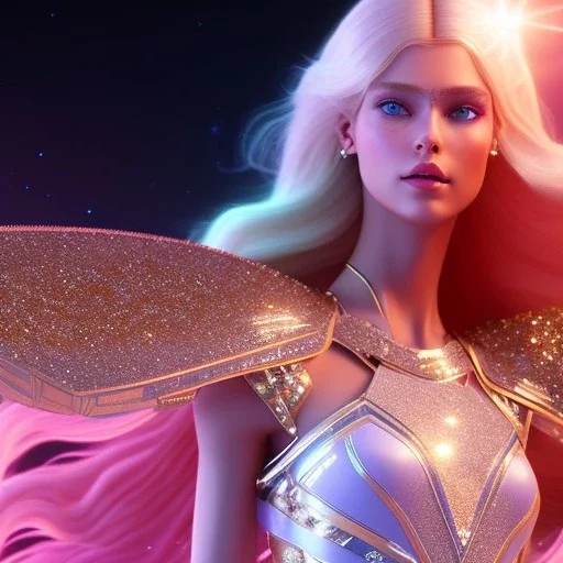 white woman glitter long blond hair blue eyes in a galactic ambiance, delicate colors in the foreground, full of details, smooth, light effect，vaporwave colorful, smooth, extremely sharp detail, finely tuned detail, ultra high definition, 8 k, unreal engine 5, ultra sharp focus