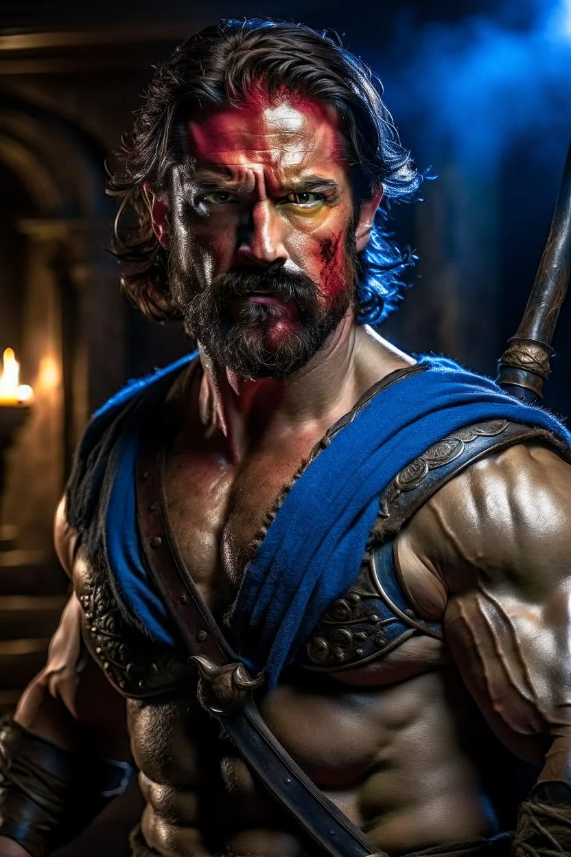 Jack, the daring gladiator with a torch, is a young and muscular man with a well-defined physique. His dark hair is short and neatly groomed, and his piercing blue eyes exude confidence. He sports a close-cropped beard and mustache, giving him a rugged look. Jack's skin is tanned from countless hours of training in the arena., shot on Hasselblad h6d-400c, zeiss prime lens, bokeh like f/0.8, tilt-shift lens 8k, high detail, smooth render, down-light, unreal engine, prize winning