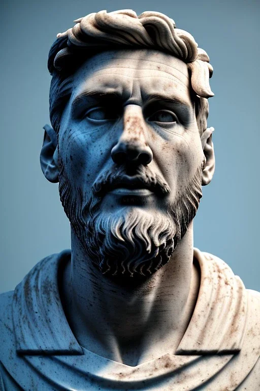 Ultra Realistic image, roman sculpture, luxury white marble material, Lionel Messi, leaves Laurel crown, miguel angel style, chisel style, emperador, waist up portrait, epic, celestial, cinematic lighting, God light, god rays, 4k resolution, smooth details, ornate details, soft lighting, unreal engine 5, sky background.