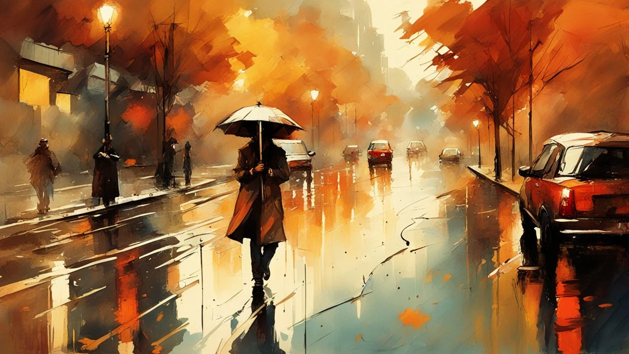 bright autumn, rain pours on the asphalt, a set of dreams, a light watercolor sketch, by Leonid Afremov & Benedick Bana & Atelier Olschinsky & Ian McQue