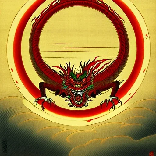 Ukiyo-e painting of a red dragon flying around a sun