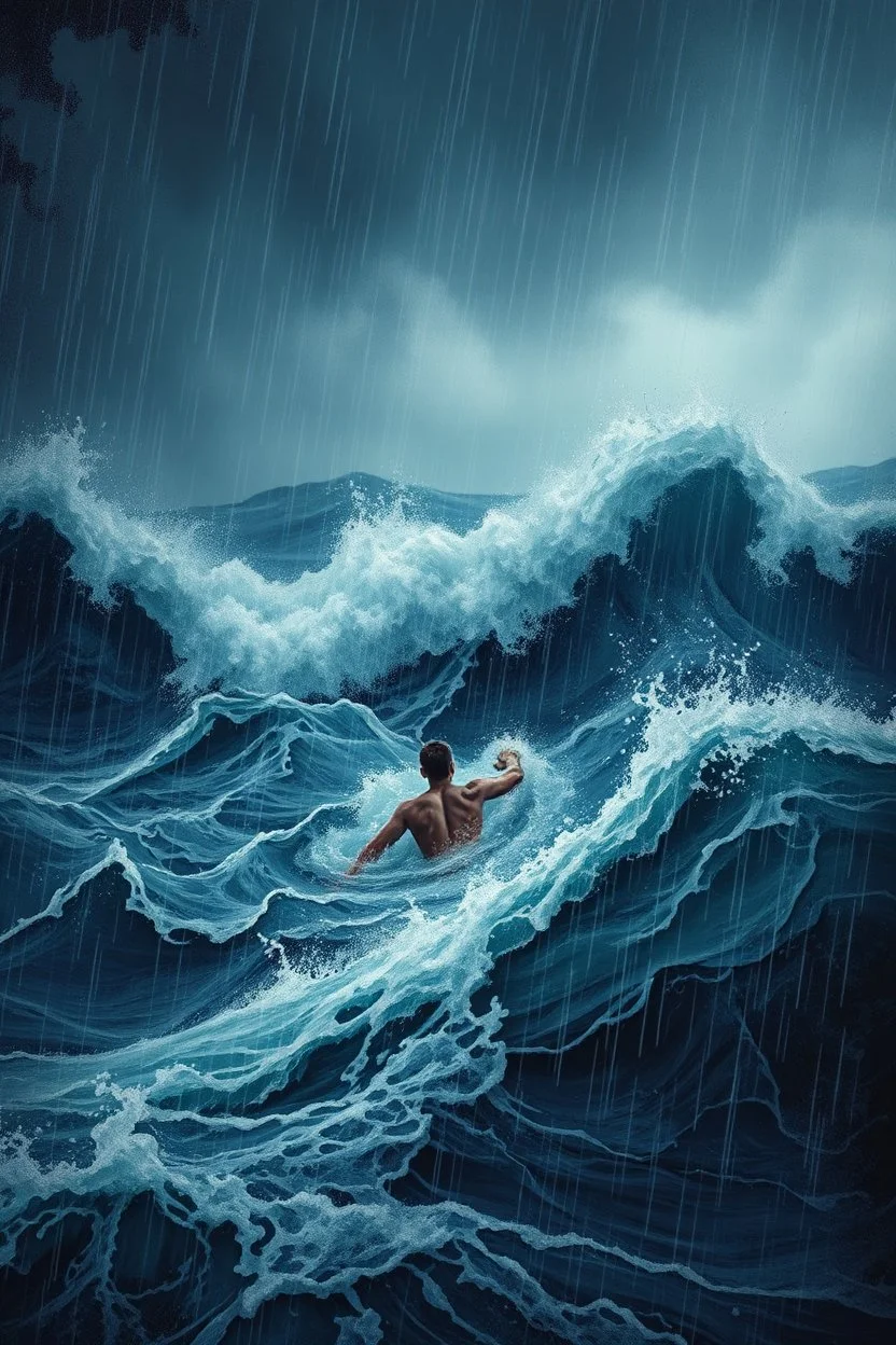 Rain and storm in an ocean with high waves , a man is swimming trying to survive, Bosch painting style