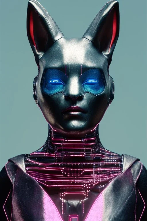 Medium Close Up Portrait, Front image. cyberpunk, rabbit mask, sweet woman, black hair and beard. latex suit army. Pink, silver, blue, color. Dior style. Color background, photo studio. highly detailed, concept art, smooth, unreal engine 5, ray tracing, RTX, lumen lighting, ultra detail, volumetric lighting, 3d, finely drawn, high definition, high resolution.