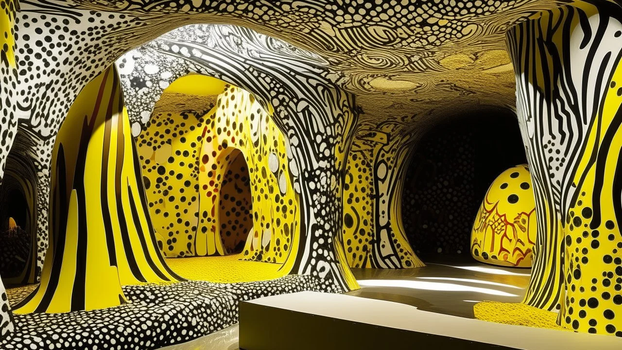 A yellowish orange cavern filled with crystals painted by Roy Lichtenstein