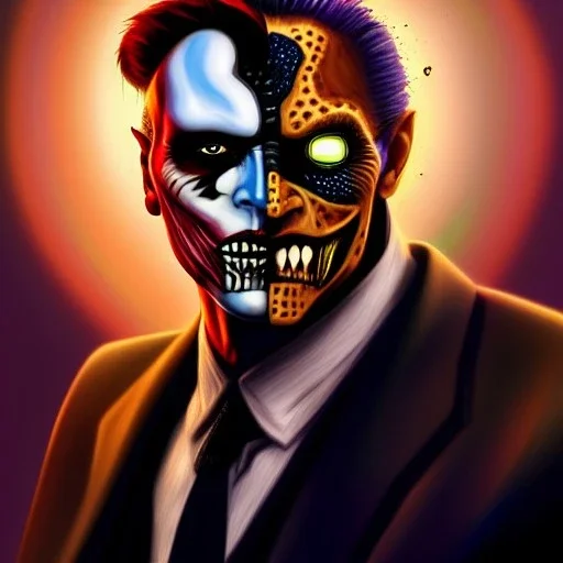 ultra detailed fullbody portrait of Two-Face villain, extremely detailed digital painting, extremely detailed face,crystal clear eyes, in the style of robert e howard and pablo oliveira and Ken Kelley and Keith Parkinson , mystical colors, perfectly centered image, perfect composition, rim light, beautiful lighting,8k, stunning scene, raytracing