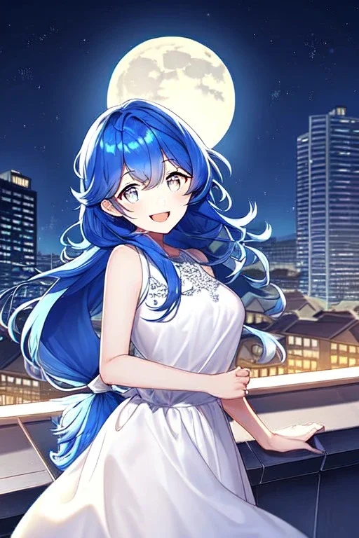 girl, masterpiece, best quality, cinematic lighting, detailed outfit, vibrant colors, perfect eyes, blue hair, long hair, white eyes, low tied hair, messy hair, white dress, night sky, rooftop, town, sparkle, laughing, moon,