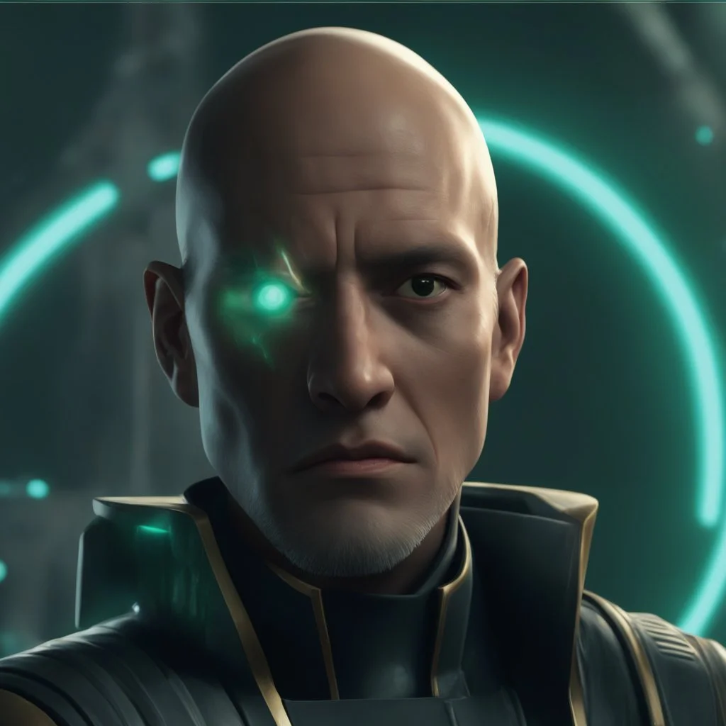 star wars bald male corellian jedi pilot wearing gunmetal grey and black old republic armored robes with gold trim inside the jedi temple holding a lightsaber with viridian green blade in left hand, centered head and shoulders portrait, hyperdetailed, dynamic lighting, hyperdetailed background, 8k resolution, volumetric lighting, light skin, fully symmetric details