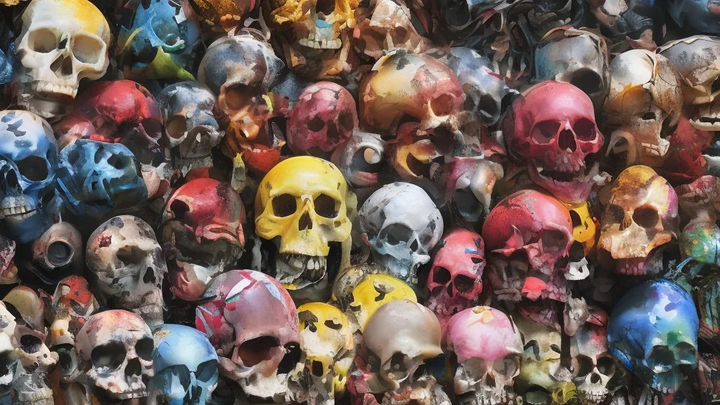 a picture of a dark, comedic, anatomically correct wall of colorful tightly packed skulls of varying sizes and expressions, photo realistic, insanely meticulous, highly detailed, part of a collection of bones on display, 64k, dystopian, vray