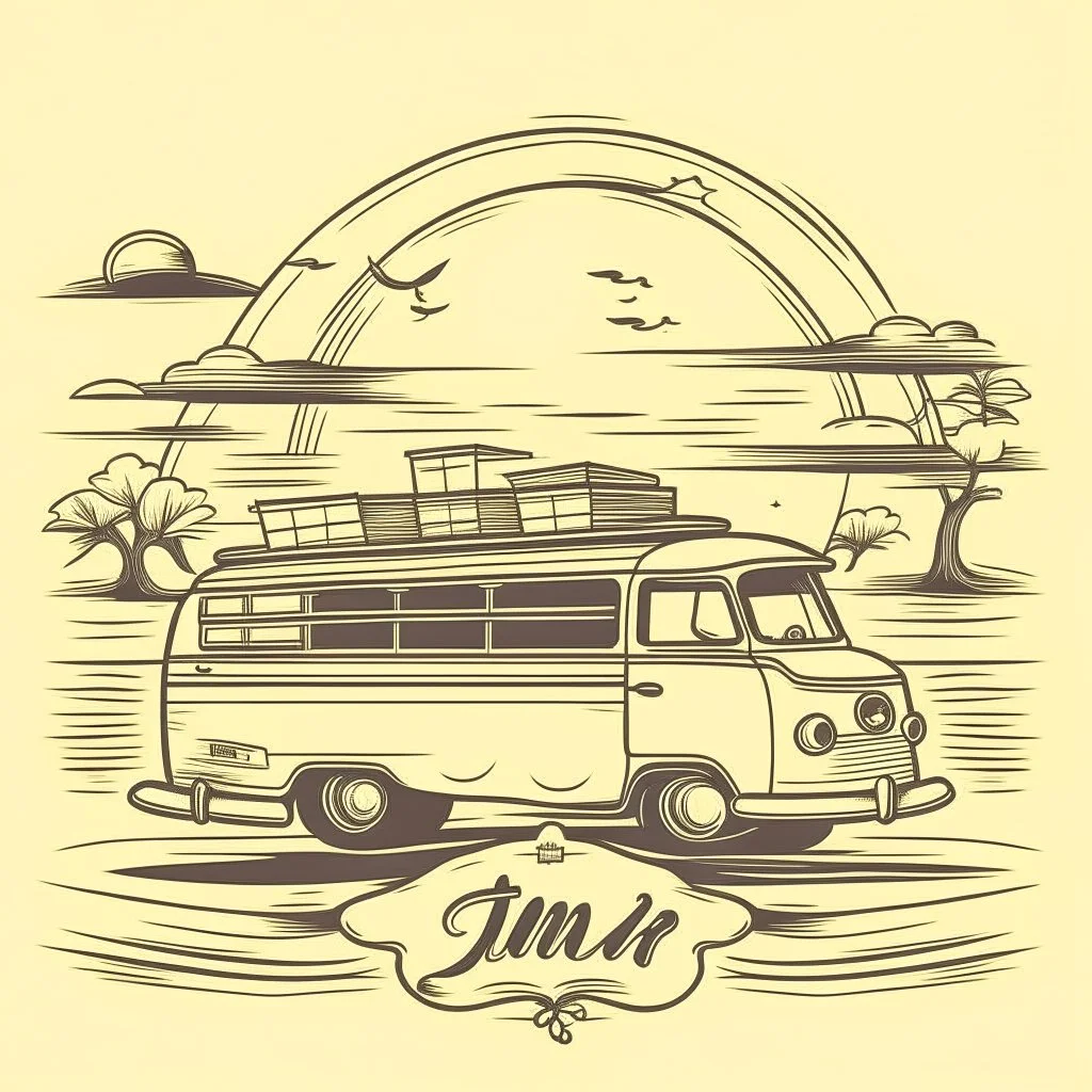 A retro camper van parked by the ocean, nostalgic, carefree, golden hour lighting, T-shirt design graphic, vector, contour, white background. WITH A FISH BEHIND IT AND WORDS\"Summer is a time to relax \"IN WHIT LET-TERS.THE BACK