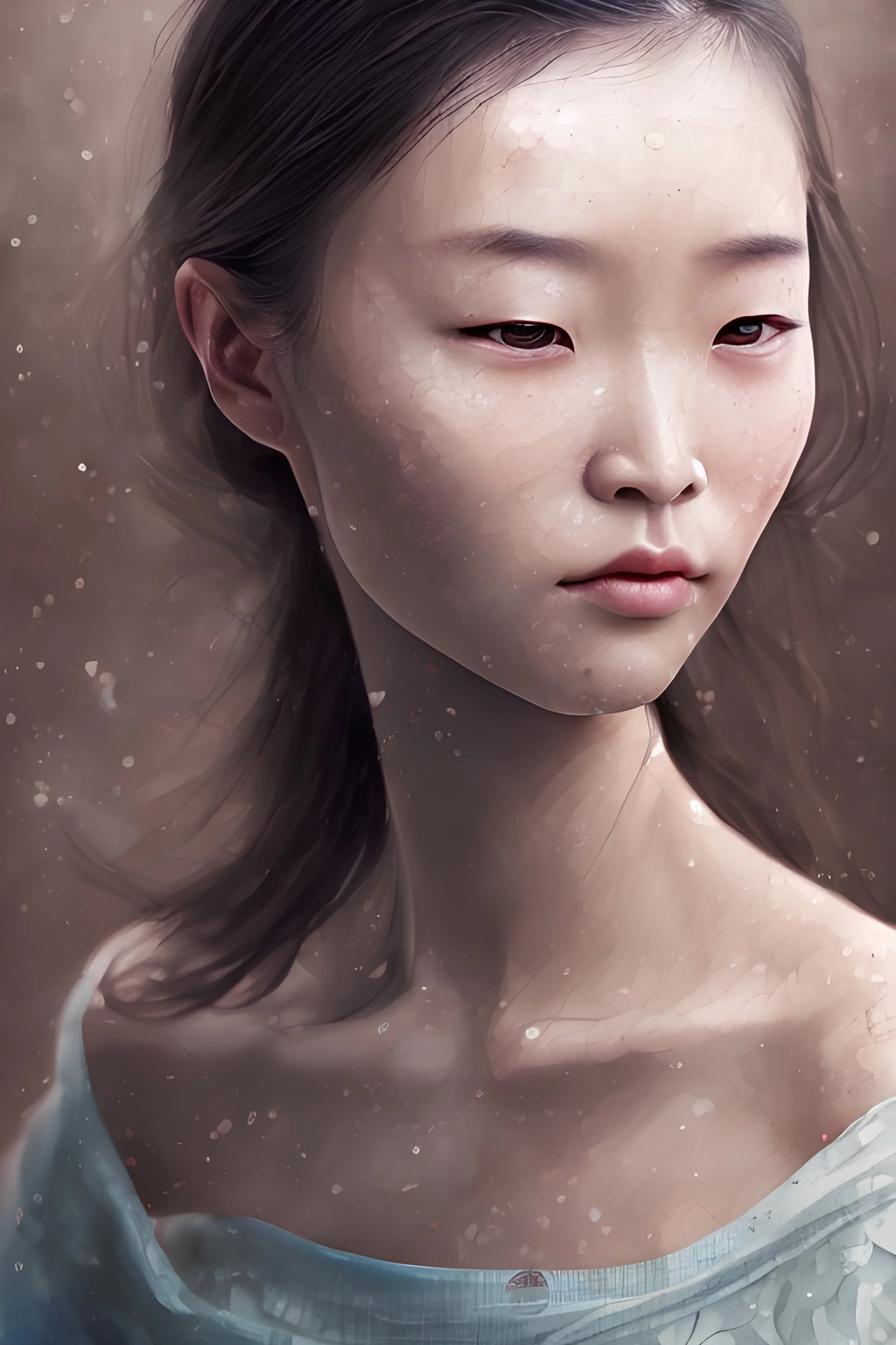 watercolor painting of a beautiful portrait of a 25 year old asian woman, realistic skin texture, looking into the camera, Anna Razumovskaya style, atmospheric light, realistic colors