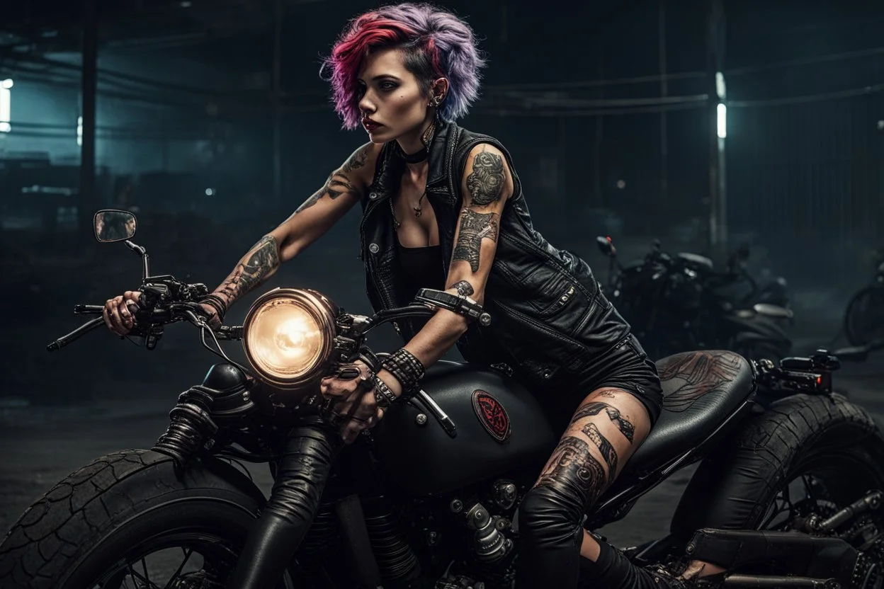 scarred cyberpunk vampire girl with tribal tattoos short curly cyberpunk hair riding a black cafe racer motorcycle in a post apocalyptic industrial wasteland at night