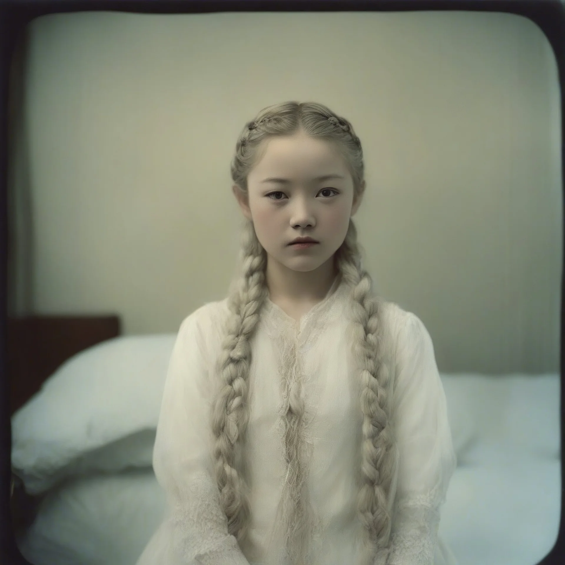 Old autochrome of devon aoki , white braids., ,in a bedroom, in 19001